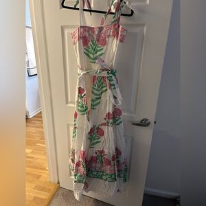 White Maxi Sundress with Pink Floral and Green Leaf Print